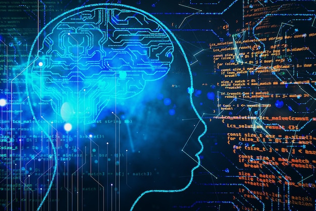 Abstract programming backdrop with head and digital brain hologram