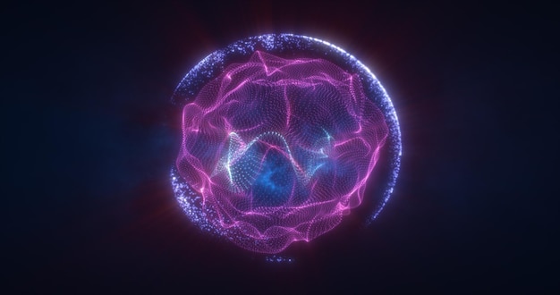 Abstract purple energy sphere from particles and waves of magical glowing on a dark background