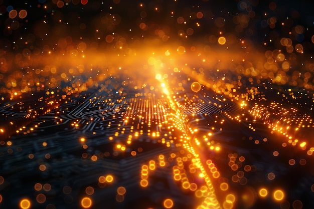 Abstract Technology Background Resembling a Motherboard with Golden Lights and Dots Illustrating the Concept of Data Transfer