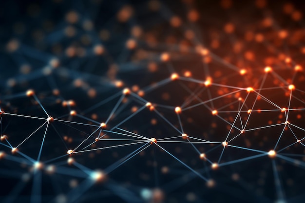 Abstract Technology Network of Blue Grid and Particles on Dark Background Generative AI