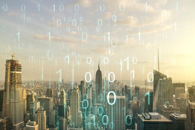 abstract virtual binary code hologram on new york cityscape background ai and machine learning concept multiexposure