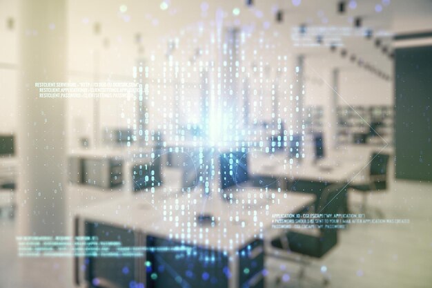 Abstract virtual code skull hologram on a modern furnished classroom background cybercrime and hacking concept Multiexposure