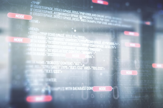 abstract virtual coding concept on empty corporate office background multiexposure
