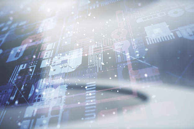 Abstract virtual coding concept on empty corporate office background Multiexposure