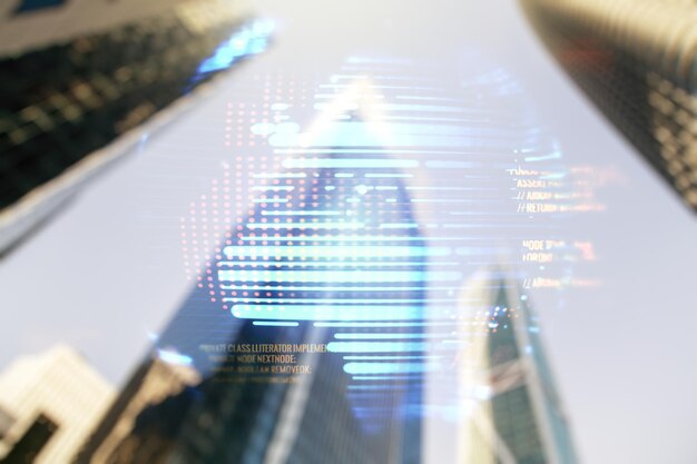 Abstract virtual coding illustration and world map on modern architecture background international software development concept Multiexposure
