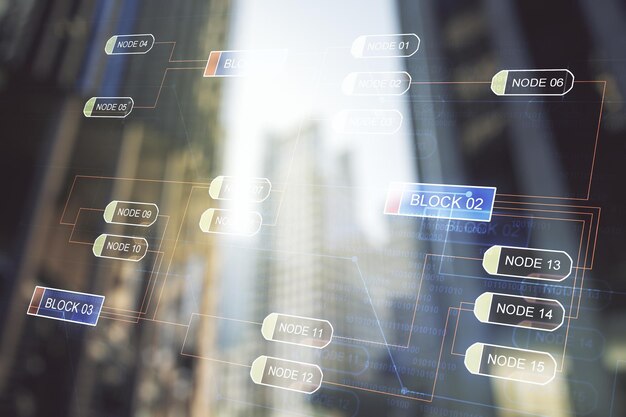 abstract virtual coding illustration on modern architecture background software development concept multiexposure
