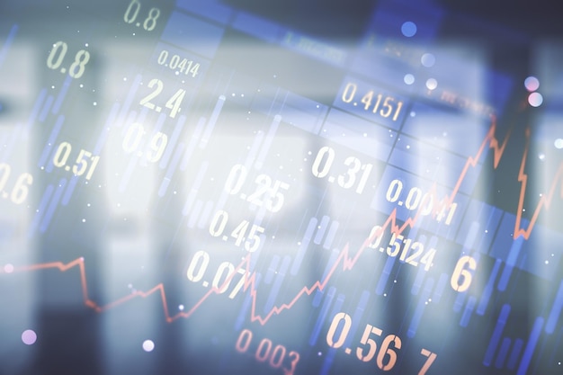 Abstract virtual financial graph hologram on empty corporate office background forex and investment concept Multiexposure