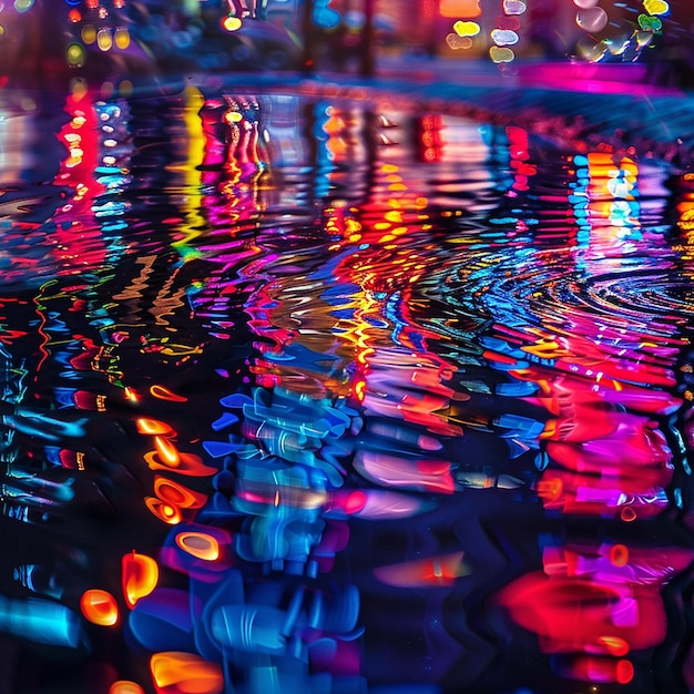 Abstract Water Reflections at Night with Neon Lights