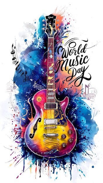Abstract Watercolor splash a digital painting of a guitar World Music Day with vector illustration