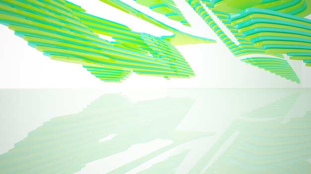 Abstract white and colored gradient glasses interior from array cubes with large window 3D