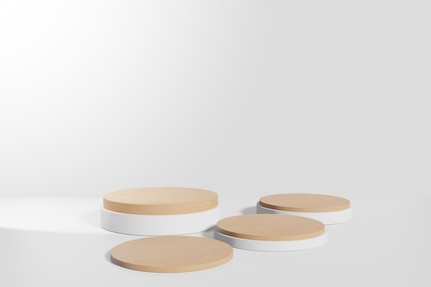 Abstract White pedestal display with white and wooden cylinders with box support concept Podium for brand promotion products realistic 3d digital rendering
