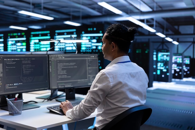 admin in data center updating systems to keeps performance up