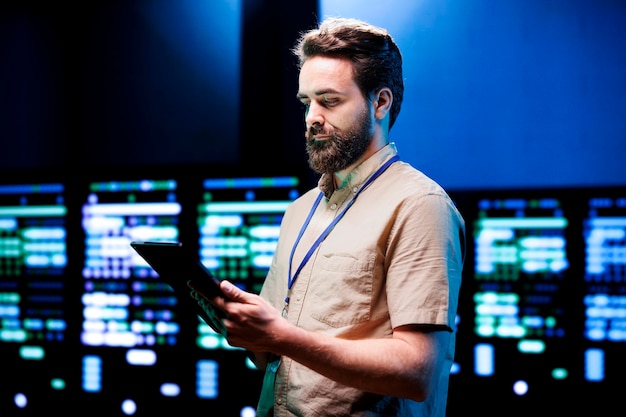 Admin inspecting high tech facility responsible with intense data computations demanding high capacity, scalable, error free network to effectively support AI neural network training