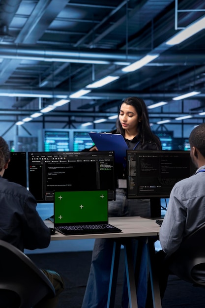 admins checking supercomputers with mockup notebook device
