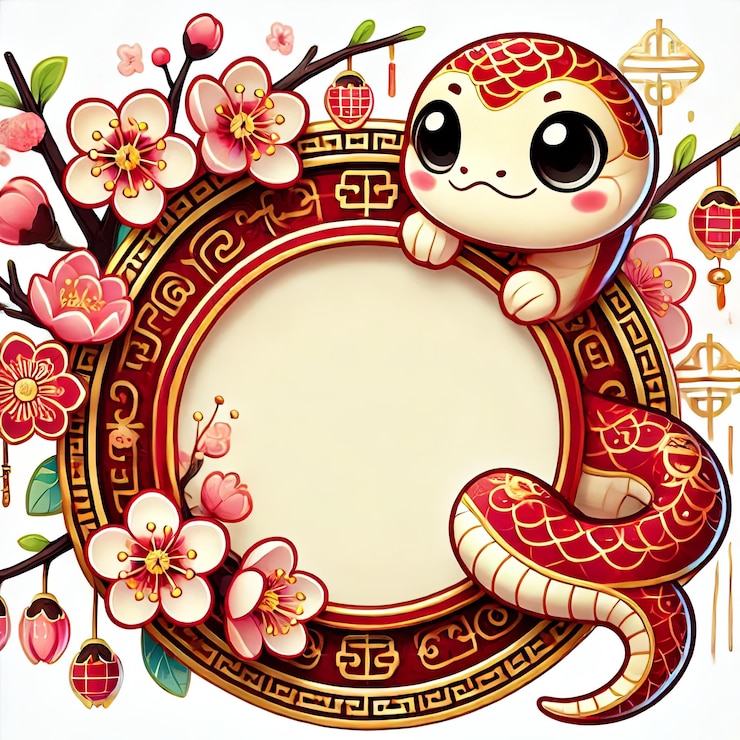 Foto adorable snake with festive frame and cherry blossoms xa