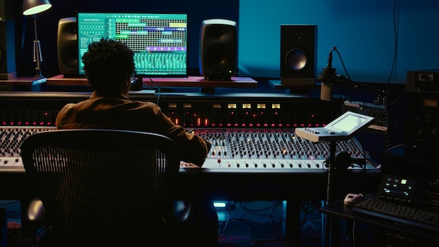 African american sound designer editing audio recordings in control room
