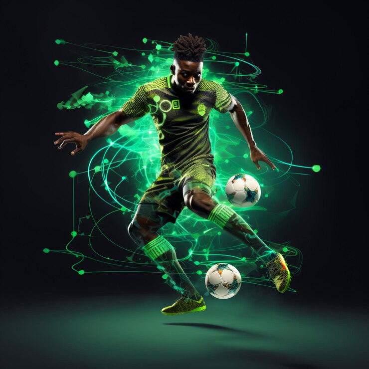 Foto african soccer player luminous with key concept on arial grey background