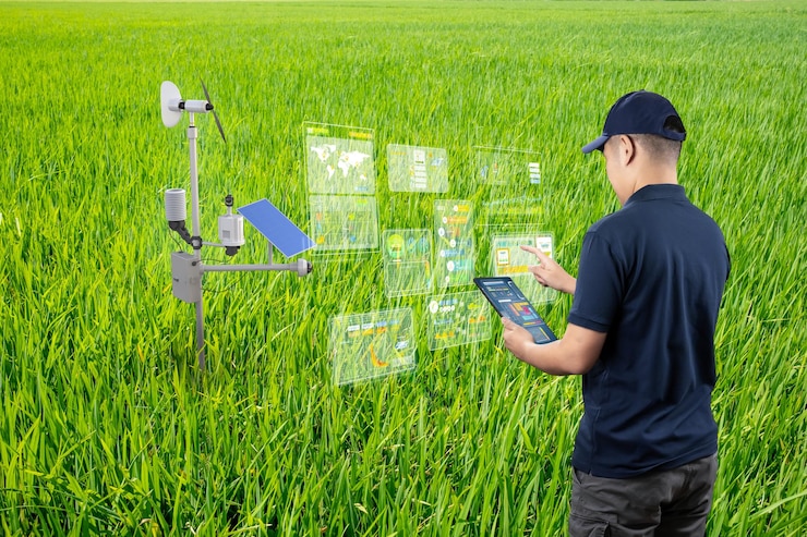 Foto agricultural engineer or farmer with weather station