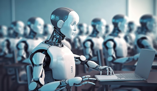 Ai humanoid robot artificial intelligence or machine learning concept in classroom Globalization a