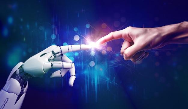 AI Kunstig intelligens robot- og menneskehender berører og kobler sammen enhet med menneske og AI