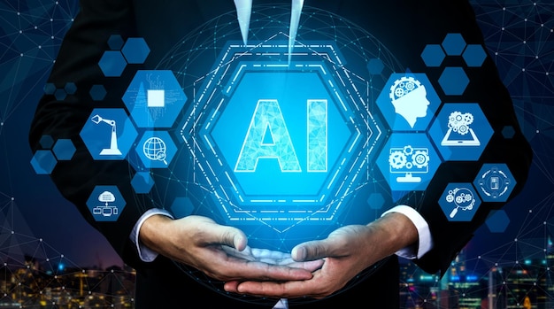 ai learning and artificial intelligence concept - icon graphic interface showing computer, machine thinking and ai artificial intelligence of digital robotic devices.