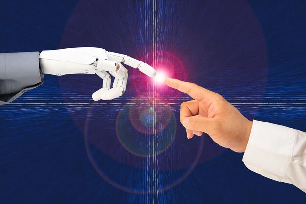 AI Machine learning Hands of robot and human touching on big data network connection background