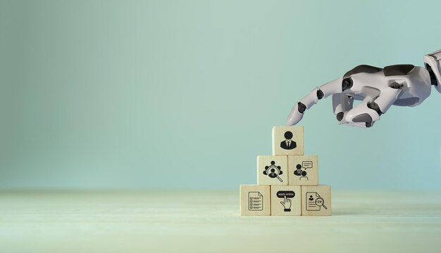 AI recruiting technology concept Using artificial intelligence in the talent acquisition process A robot choosing business people to hire HR technology ecosystem strategies for HR professionals