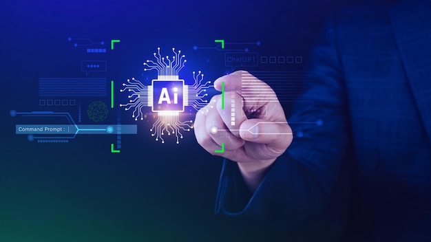 Ai tech Businessman using virtual graphic Global Internet connect Chatgpt Chat with AI Artificial Intelligence using command prompt for generates something Futuristic technology transformation