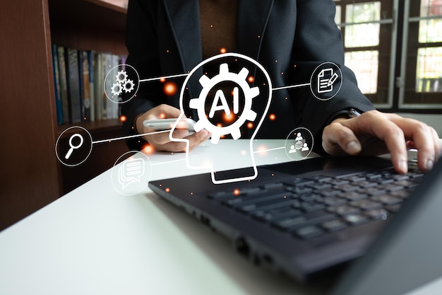 AI technology Artificial Intelligence Chat and talk with AI Using laptop for search and find data by command prompt robot learning machine create or generate picture or article auto