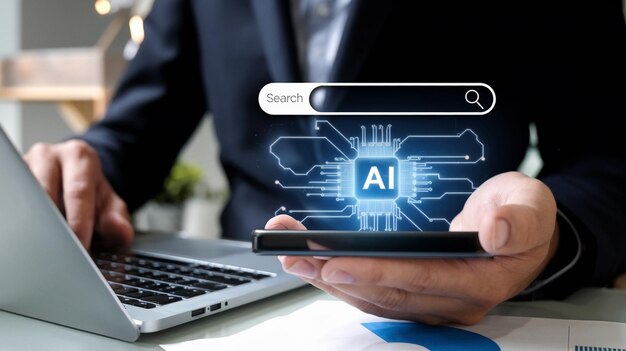 AI Technology Businessman use laptop artificial intelligence in the process of predictive analytics