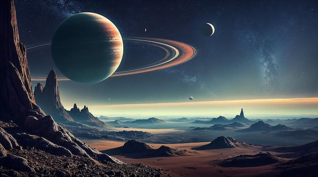 Alien Planet with Rings and Moons