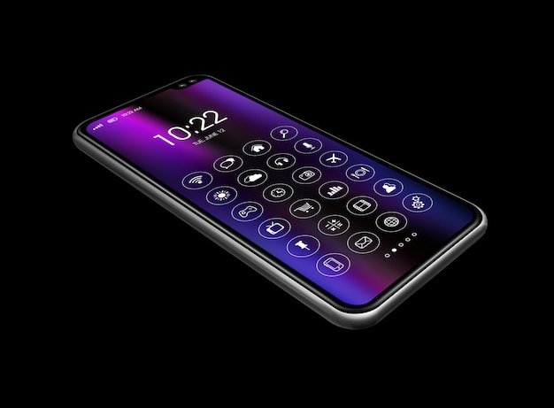 All screen smartphone with icon set isolated on black. 3D render