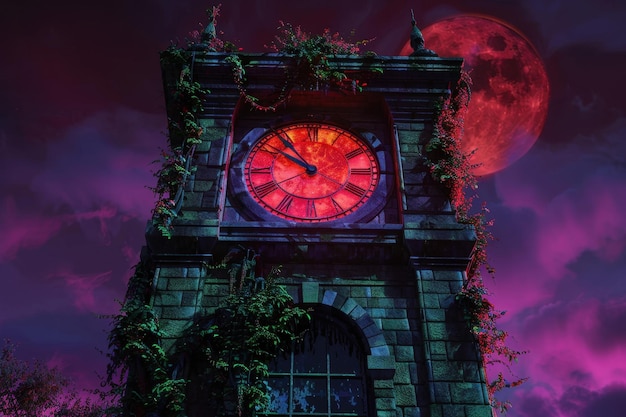 An abandoned clock tower filled with vines in the blood moon night