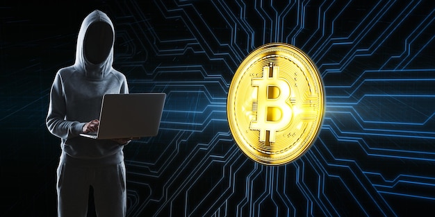 an anonymous figure in a hoodie using a laptop next to a glowing bitcoin symbol on a digital circuit background