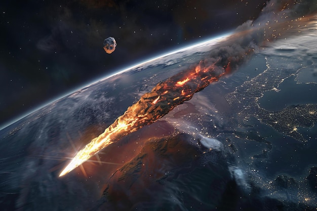 an asteroid flies towards earth seen from space in a ing a burning meteor is flying in the sky ove