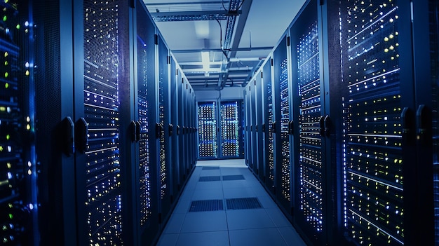 An environmental portrait of a team of technicians working together in a bustling server room their