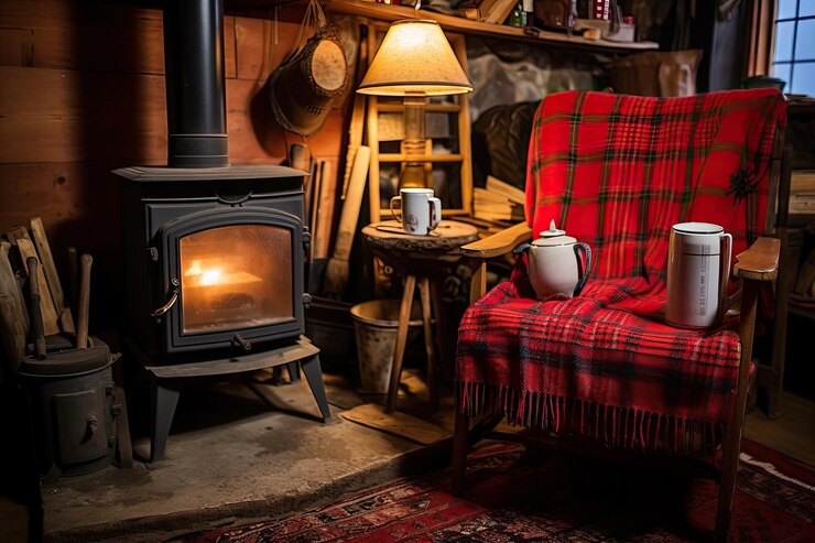 Foto an indoor space featuring a wooden stove used for heating accompanied by a chair covered with a plai