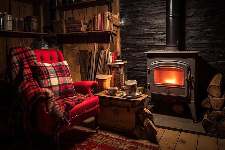 Foto an indoor space featuring a wooden stove used for heating accompanied by a chair covered with a plai