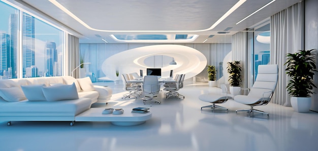 An office with white walls and white furniture