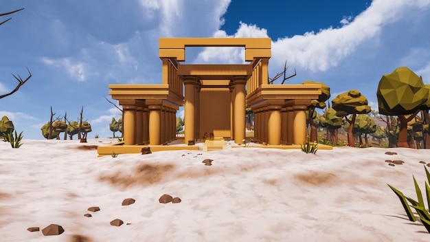 an old historic building in the center of a low poly scenery representing a natural environment 3d render