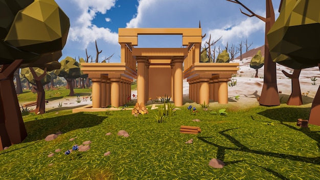 an old historic building in the center of a low poly scenery representing a natural environment 3d render