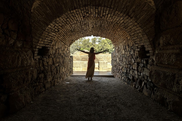 Ancient Roman figures in the access corridors to the Roman amphitheater of Merida