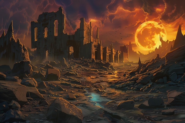 ancient ruins of a forgotten civilization under a bloodred moon