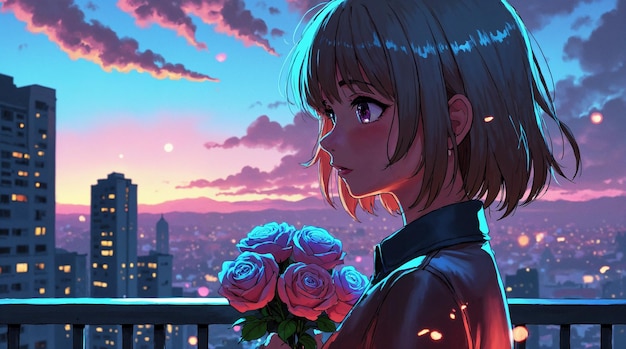 Anime Girl on Rooftop Holding Roses at Sunset