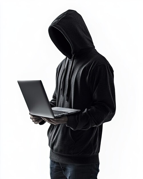 anonymous hooded figure using a laptop possibly a hacker or someone concealing their identity