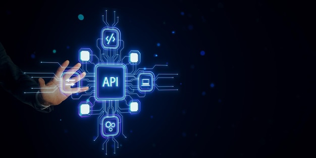 API technology concept with holographic icons on a dark blue background