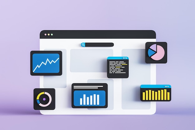 Application and website development concept for mobile device with web design factory symbols and indicators windows on light display background 3D rendering