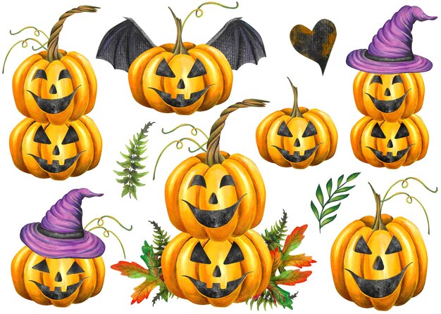 Aquarellillustrasjoner med høstgresskar uten bakgrunn for Halloween-feiring