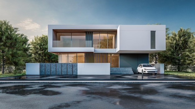 architecture 3d rendering illustration of minimal modern house with natural landscape