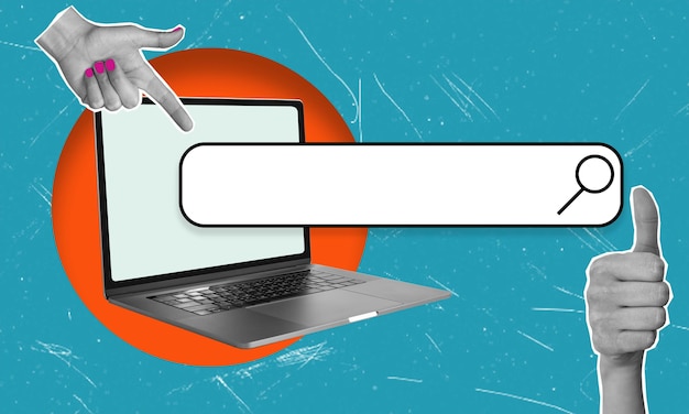 Art collage the image of laptop and search bar thumbs up